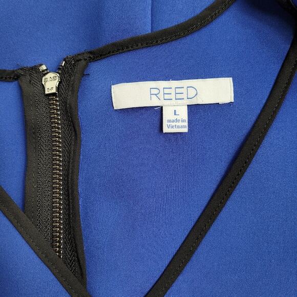 Blue Sleeveless Scuba Dress w/ Black Piping size Large Fit and Flare - Picture 3 of 5